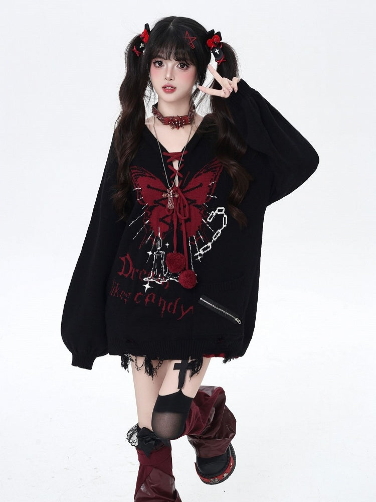 Pattern and Pom-Pom Details V-Neck Balloon Sleeve Knit Sweater with Butterfly Colors | 4