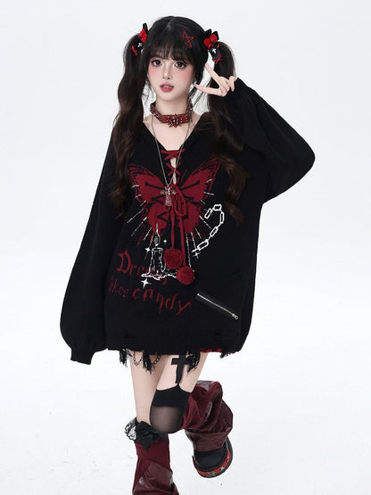 Pattern and Pom-Pom Details V-Neck Balloon Sleeve Knit Sweater with Butterfly Colors | 4