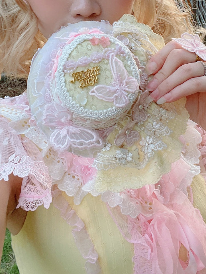 Hat Mini Design Floral Butterfly Lolita PinkYellow Lace Sweet And Trim