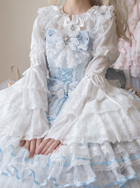 Rüschenglocke Weiß Verzierter Ausschnitt Ärmel Bowknots Bluse