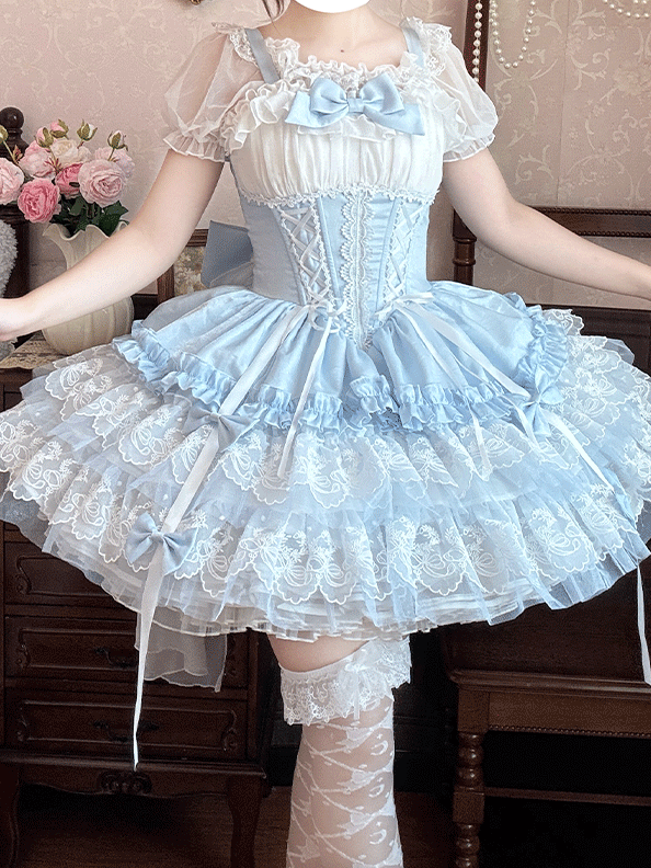 Layered Big Balletcore Lace-up Boned Waist Sweet Lolita Jumper Train Bow Skirt Blue White with Hem Lace and