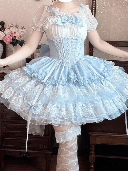 Layered Big Balletcore Lace-up Boned Waist Sweet Lolita Jumper Train Bow Skirt Blue White with Hem Lace and