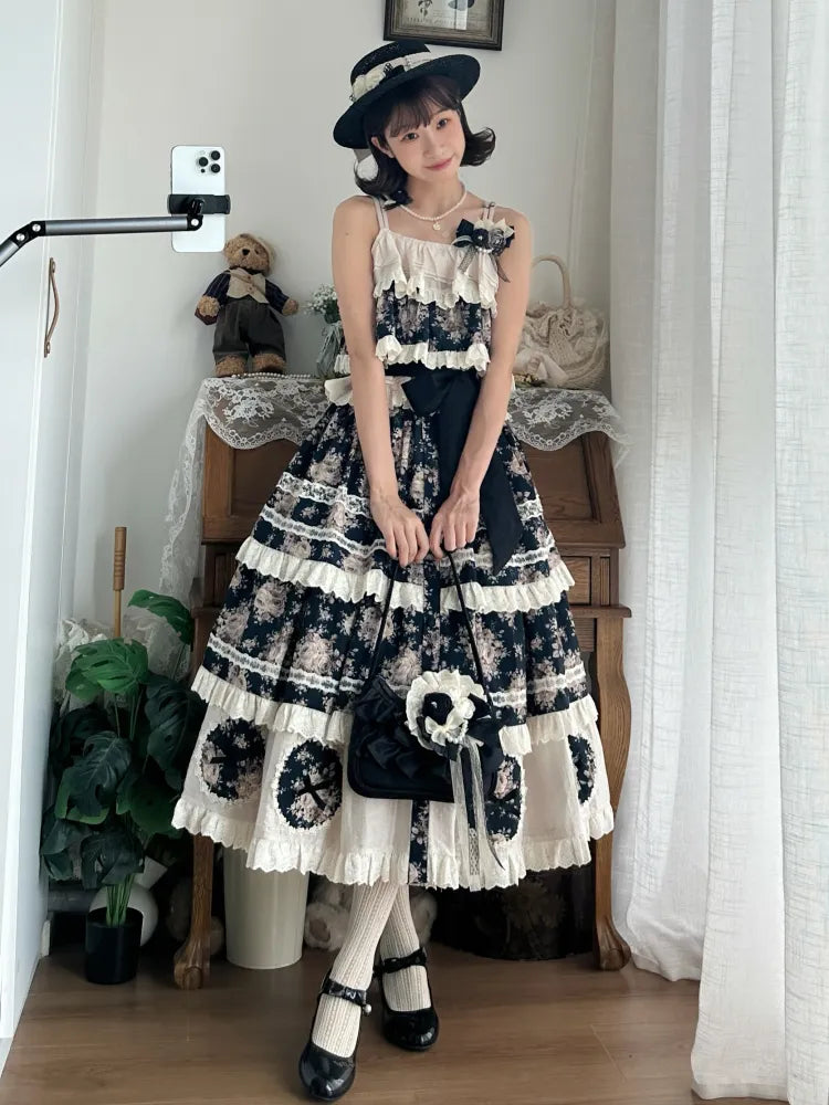 Black Rosette Print and Top Cami Tiered Beige