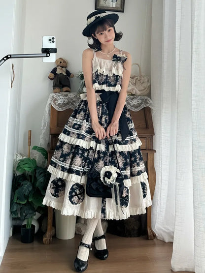 Black Rosette Print and Top Cami Tiered Beige