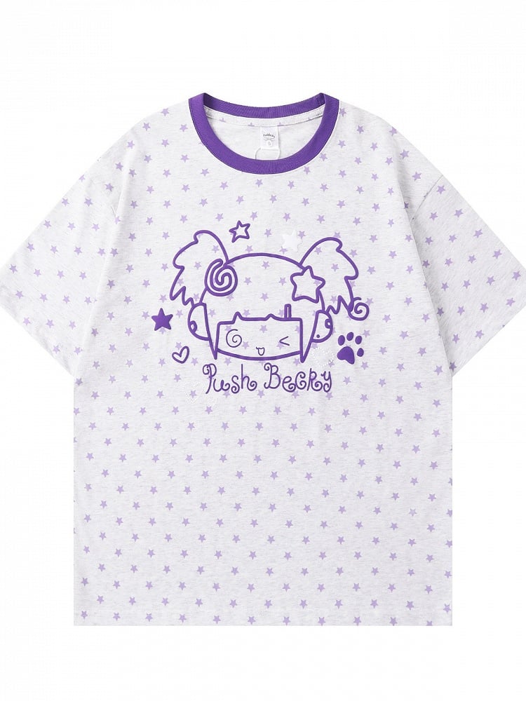 Gray Short Sleeve Tee with Star & Cartoon Girl Design - Languid Park