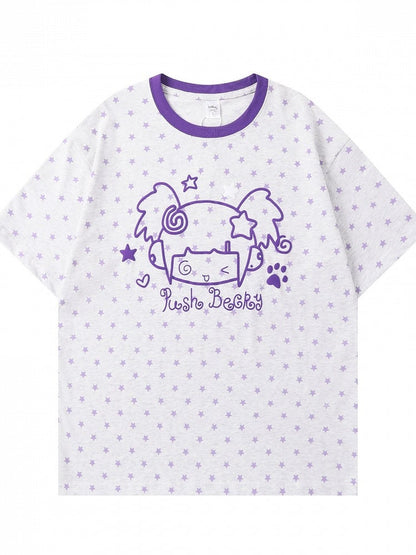 Gray Short Sleeve Tee with Star & Cartoon Girl Design - Languid Park
