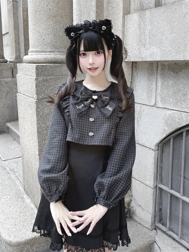 Hahnentrittmuster und lang mit Taille Faux Jirai Kleid Schwarz Kei Zweiteilige Schnallen Quadratisches Design Ärmel