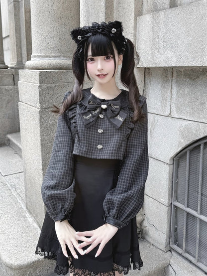 Hahnentrittmuster und lang mit Taille Faux Jirai Kleid Schwarz Kei Zweiteilige Schnallen Quadratisches Design Ärmel