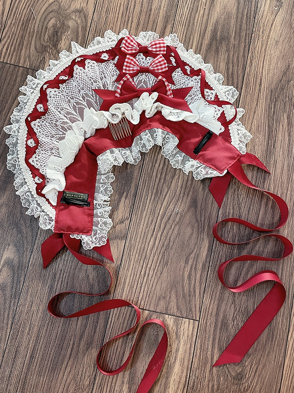 Schleifen Weiß Rot Spitze Lolita Plaided mit Haube