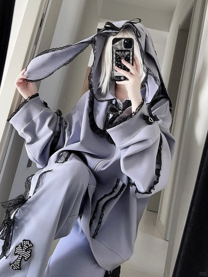 Zip + Shorts Pants - Hoodie Bunny Ear Warmers Kei Set Purple Jirai Leg Bow Tie