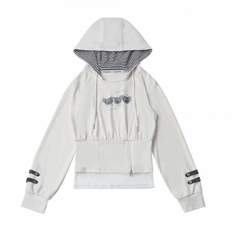 Hooded White Striped Pullover with Bear Graphic & Zip Trim, Fitted Waist - PINK SAVIOR