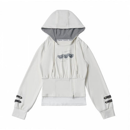 Hooded White Striped Pullover with Bear Graphic & Zip Trim, Fitted Waist - PINK SAVIOR