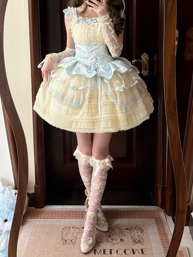 Sweet Blue & Beige Lace-Up Lolita JSK Dress with Lace Trim - Flying ear rabbit