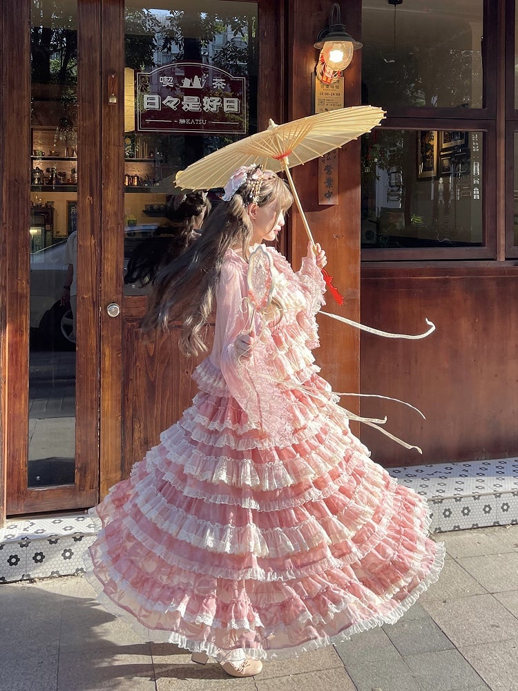 Sweet Dress Pink Adjustable Multi-Layered Ruffle with Lolita and Straps Goldfish Embroidery