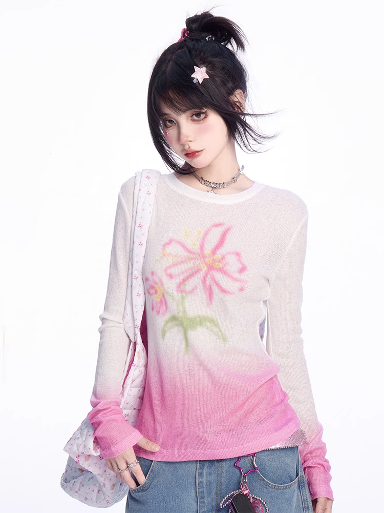 グラデーションピンクのラウンドネックフローラルプリントカバーアップ