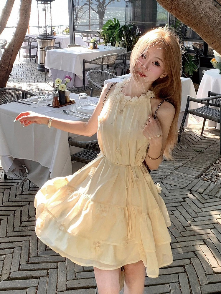 Milk Yellow Halter Dress with Floral Accents - Qchiwawameme