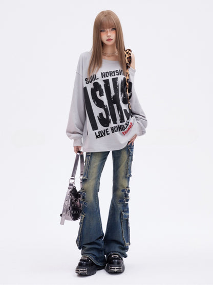 Grauer asymmetrischer Ausschnitt Leopard Glamouröses Sweatshirt Buchstabendruck Riemen