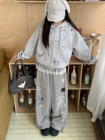 Cat Wide-leg Gray Hem Drawstring Print Star Striped Pants -