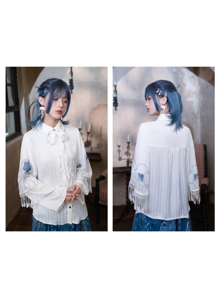White Peter Pan Collar Bell-Sleeve Shirt with Jellyfish Print & Ribbons - Quirky Hut