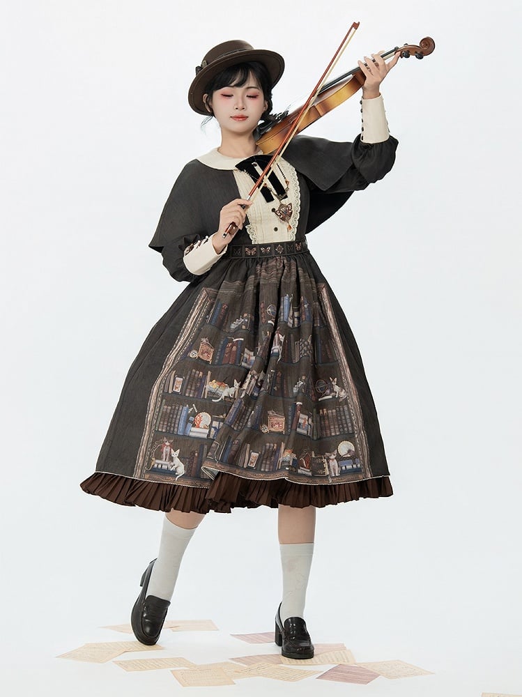 Dark Brown Bookshelf Print Long Sleeve Lolita Dress Cape - Miss Point