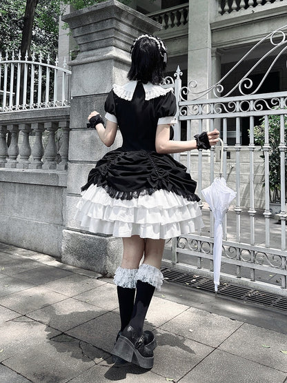 and Asymmetrical Dress Black Lolita Peter Pan White Skirt Tiered Gothic Sleeves Collar Short