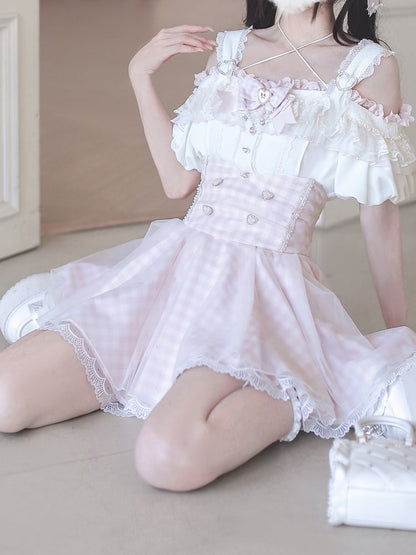 Top with Off-the-shoulder Jirai Kei Apricot Neckline and Pink Lace Trim