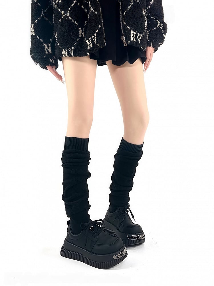 Ruffled Cuff Black/White/Gray Knitted Socks Loose Warm