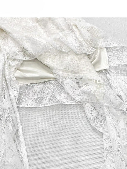 Lace Glamorous Trim Asymmetrical Top Strapless Hem Ruched Design White