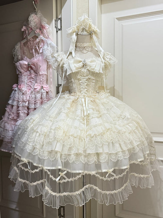 Bows Hanayome-Style Dress with + Apricot Rhinestone Full Details Gentle Lolita Overlay Set Multi-Layer / JSK Lace