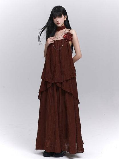 スカーフ装飾ワインレッドフローラル/キャミソールトップ