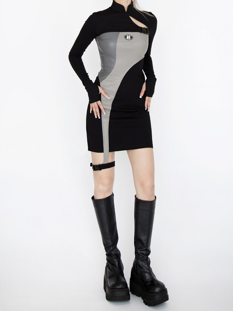 サイバーパンク風の未来的なブラック＆グレーのバンドカラーカットアウトディテールのガーター付きグラマラスドレス