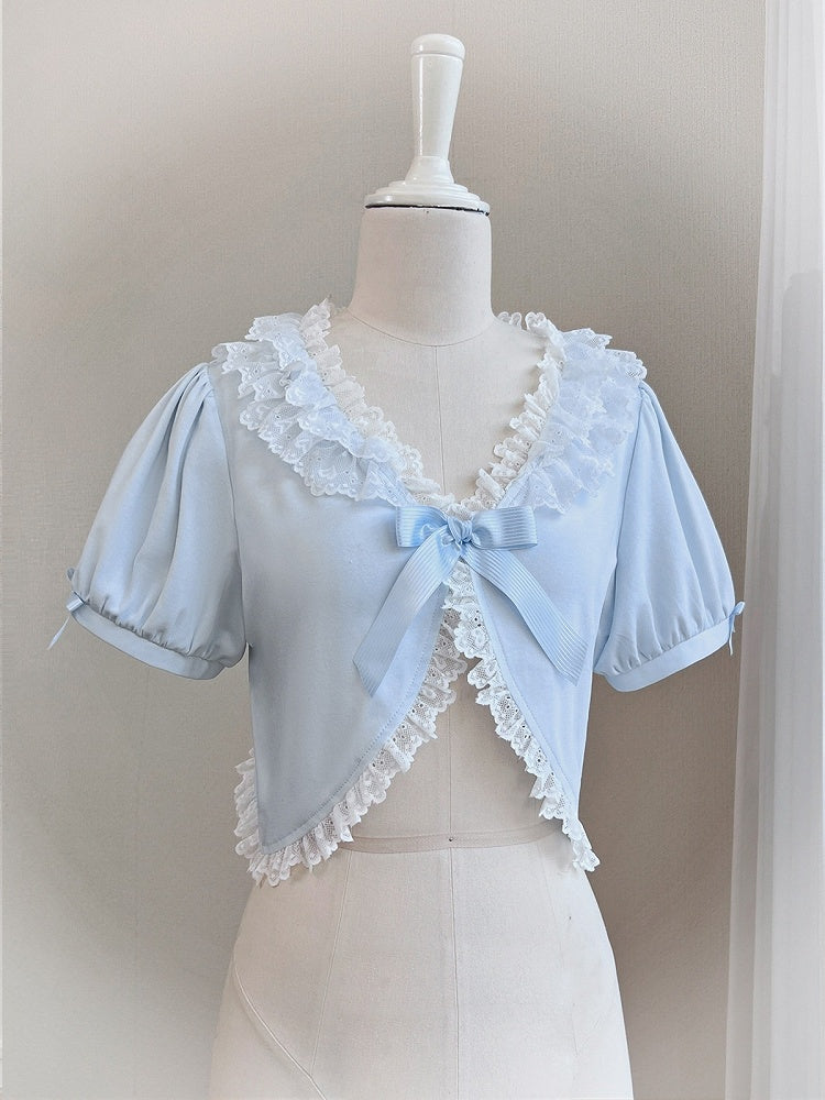 Blue Bow Cardigan with Lace Trim - Tan Tuan