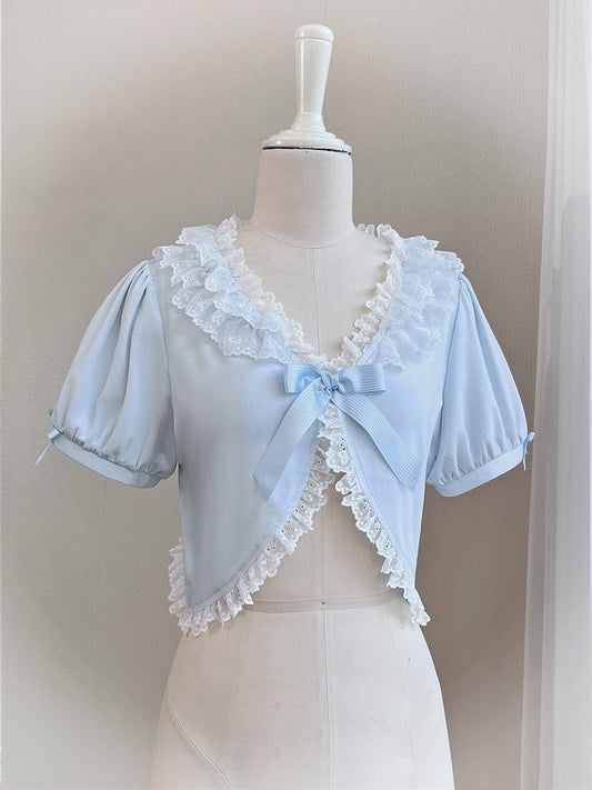 Blue Bow Cardigan with Lace Trim - Tan Tuan