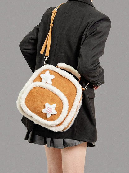Chic 2-Way Small-Sized Brown Backpack With Plush Trim And Fuzzy Star Accents