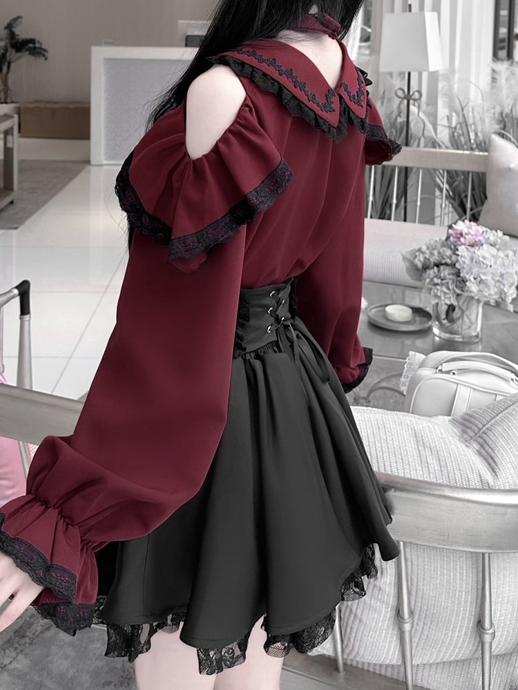 ジライケイ ピーターパンカラー カットアウトショルダー コントラスト 取り外し可能チョーカートリム ブラウス ブラック ワインレッド デザインレース