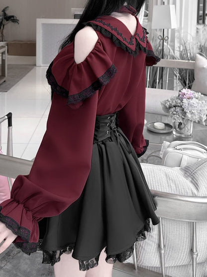 ジライケイ ピーターパンカラー カットアウトショルダー コントラスト 取り外し可能チョーカートリム ブラウス ブラック ワインレッド デザインレース