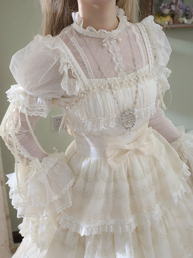 Tulle White with Sleeves Creamy Detachable Blouse Dotted Puff