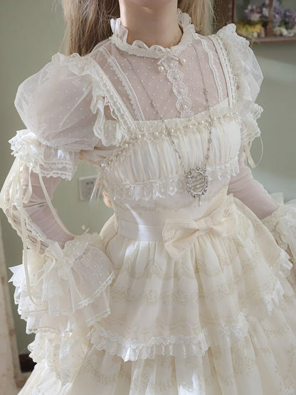 Tulle White with Sleeves Creamy Detachable Blouse Dotted Puff