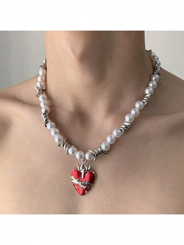 White & Red Y2K Heart Pendant with Pearl Charm - YSHXS