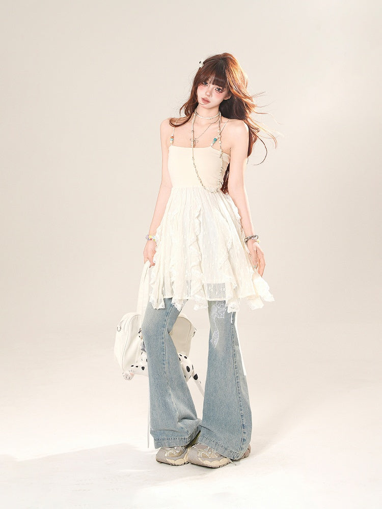 カスケードフリルアクセントレースキャミソールトップ ブルー/アプリコット