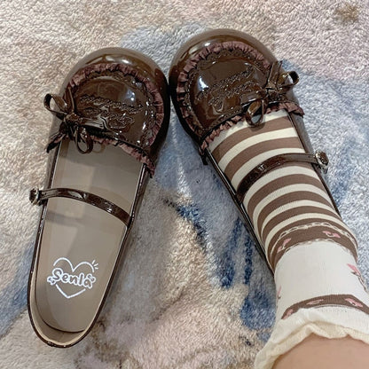 Sole Leather Lolita Knotted Sweet Brown Bow Flat Accent with Shoes Ruffles Trim PU