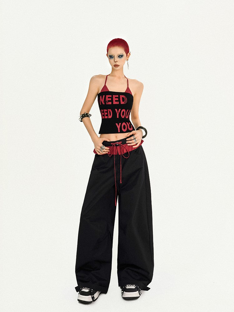 Ruffle Wide-Leg Pants with Red-Black Striped Two-piece Black Faux