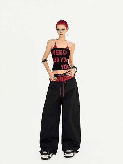 Lettered Trendy Two-Piece Set: Black  Halter Bra Red Crop Tube Top  Striped Padded