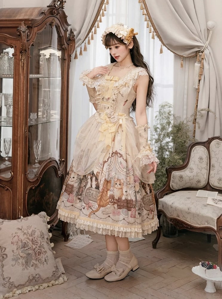 Beige Cat Print Lace Ruffles Sweet Lolita JSK Dress with Drawstring Overlay - NyaNya