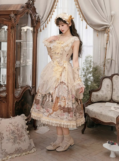 Beige Cat Print Lace Ruffles Sweet Lolita JSK Dress with Drawstring Overlay - NyaNya