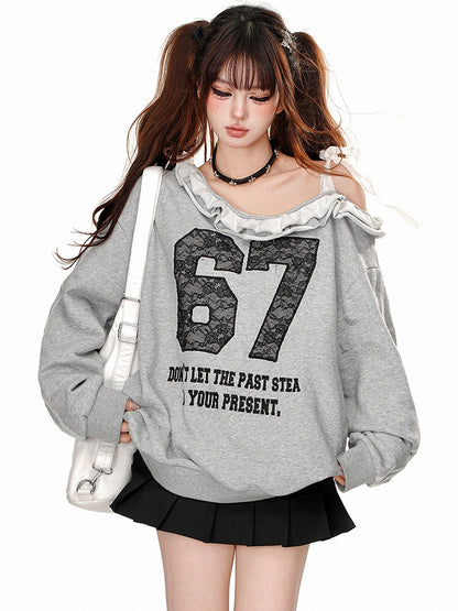 ブラック/グレー レースアップリケ アシンメトリーネックライン スウェットシャツ