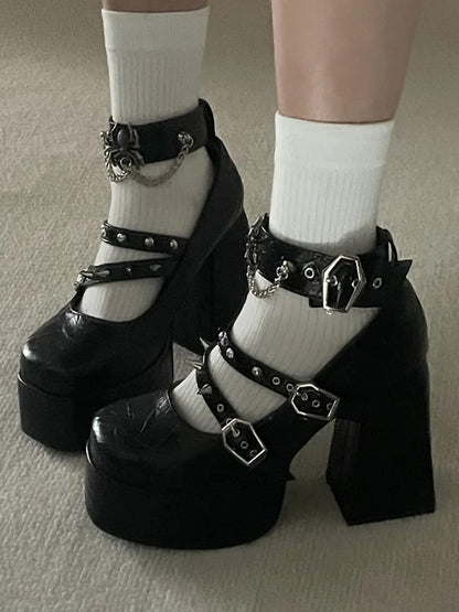 High with Black Metal Studs Goth Block Shoes Heel