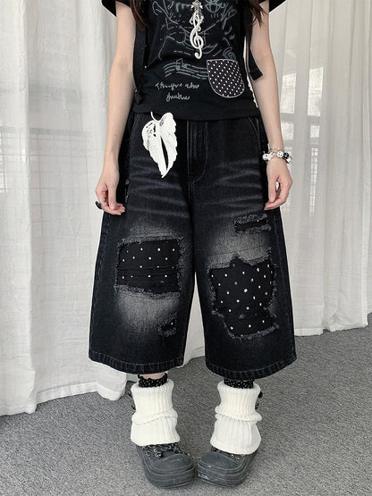 Black Distressed Wide Leg Jeans with Polka Dot Pattern - Solkatt