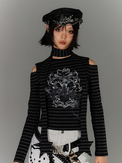 with Scarf Black  Gray Striped Cutout Shoulder Graphic Top Star Punk