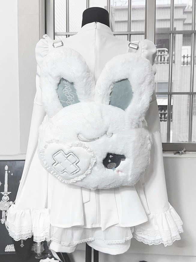 Eye Black White with Design Bendable Heart Patch Kawaii Ears / Bunny Plush Backpack